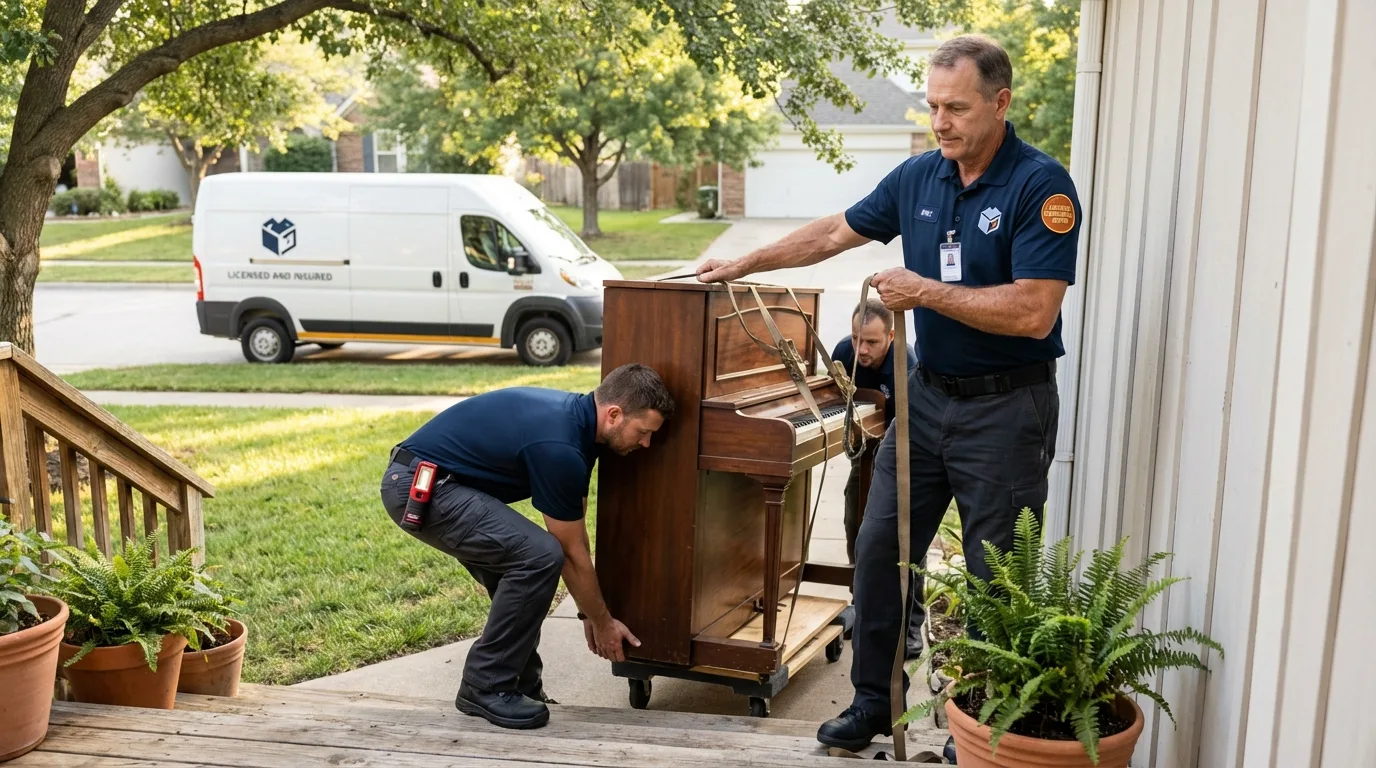 Licensed piano movers securing grand piano in Halifax, MA