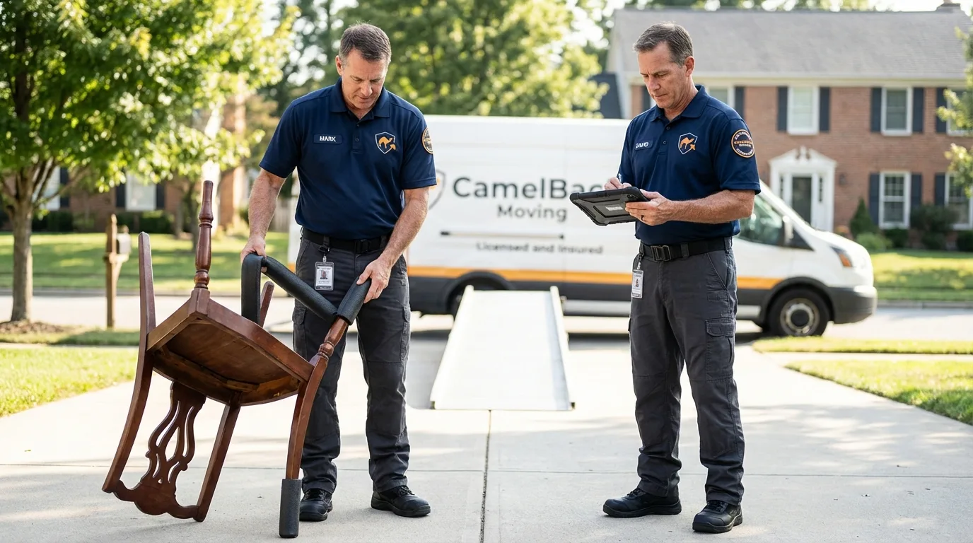Movers inspecting furniture for damage prevention before loading in Halifax, MA