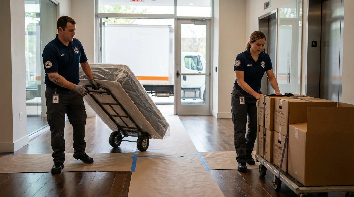 Professional apartment movers loading elevator in Halifax, MA